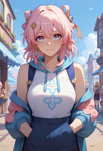 star rail,march 7th,sleeveless hoodie,biker shorts  - AI generated anime art